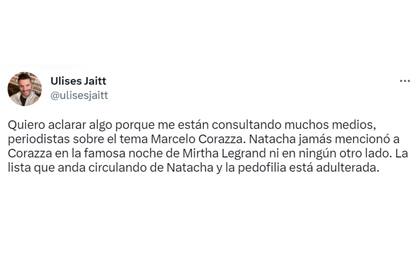 El tuit en donde Ulises Jaitt desmintió que Natacha Jaitt haya nombrado a Marcelo Corazza como pedófilo