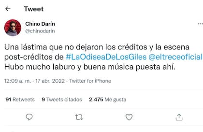 El tuit en el que Chino Darín se queja de que el trece haya cortado los créditos y una escena extra de La odisea de los giles