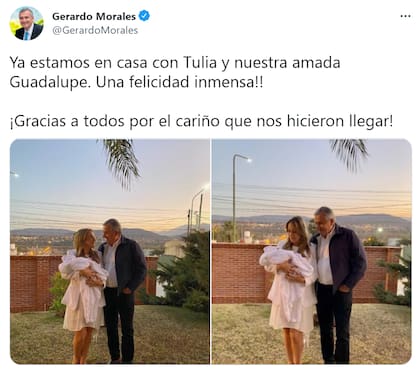 El tuit en el que Gerardo Morales confirmó la llegada de su cuarta hija