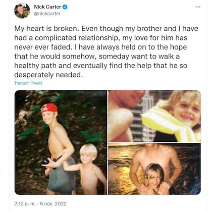El tuit en el que Nick despedía a su hermano Aaron, quien falleció en su casa de California, en noviembre de 2022