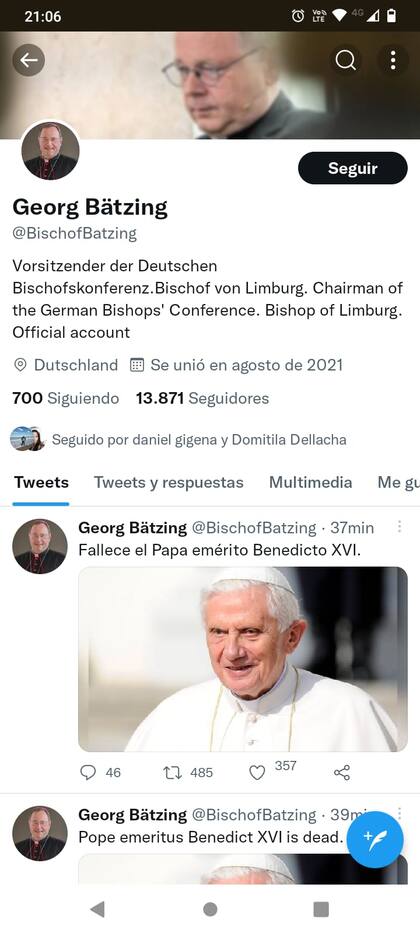 El tuit falso creado por el periodista italiano Tommasso Debenedetti que anunciaba la muerte de Benedicto XVI.