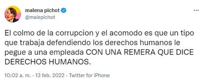El tuit Malena Pichot sobre el dirigente que insultó y golpeó a una trabajadora en la Costa Atlántica (Foto: Twitter)