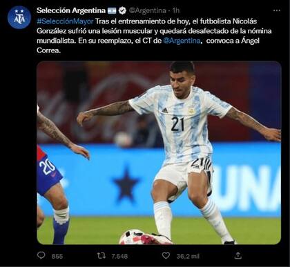 El tuit oficial de la selección argentina que informó la convocatoria de Ángel Correa