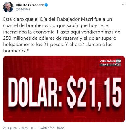 El tuit que Alberto Fernández publicó el 2 de mayo de 2018 contra el gobierno de Mauricio Macri