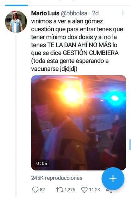 El tuit que difundió que se estaba vacunando en la puerta de un recital del DJ Alan Gómez en Quilmes