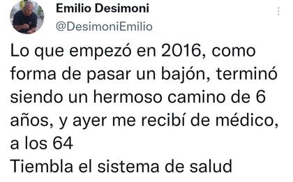 El tuit que Emilio Desimoni escribió en su cuenta de Twitter