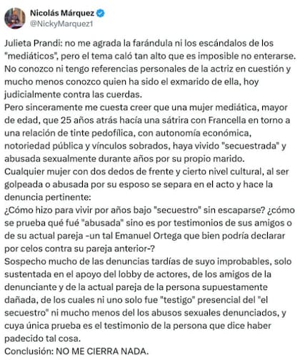 El tuit que escribió Nicolás Márquez y que después borró