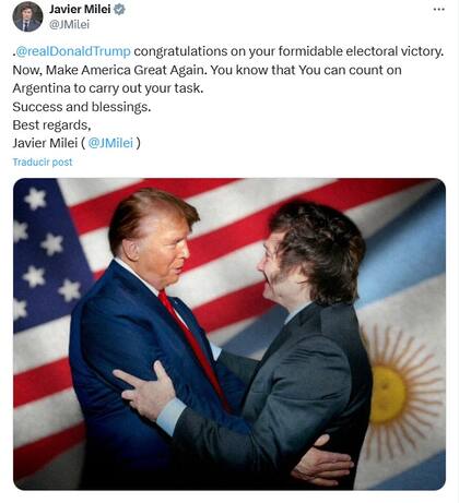 El tuit que publicó Milei en apoyo a Trump