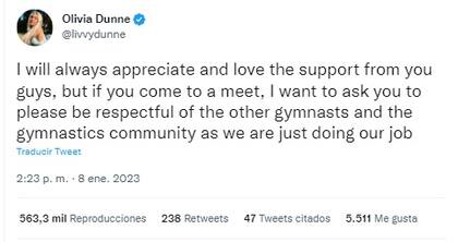 El tuit que publicó Olivia Dunne