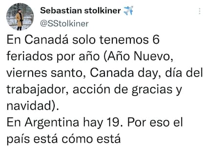 El tuit que se viralizó en los últimos días, con respecto a los feriados que hay en Argentina y Canadá