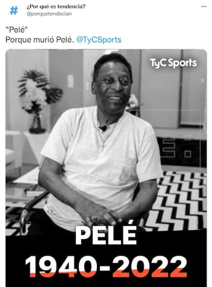 El tuit que se viralizó sobre la supuesta muerte de Pelé (Foto: Twitter)