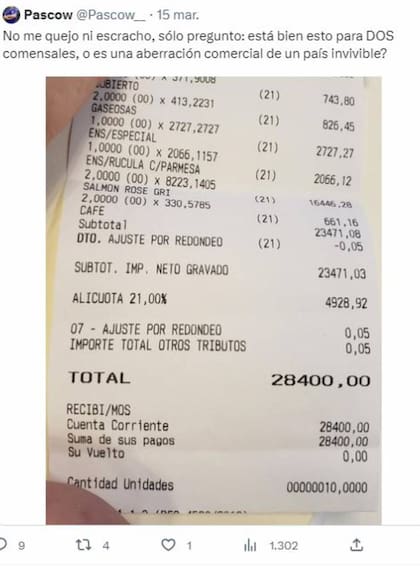 El tuitero Pascow se preguntó si lo que le habían cobrado en un almuerzo para dos estaba bien o era "una aberración comercial"