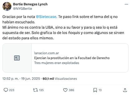 El tweet de Benegas Lynch adjuntó una nota de LA NACION del año 2001