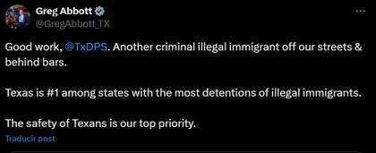 El tweet de Greg Abbott sobre la captura del inmigrante salvadoreño