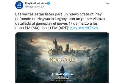El tweet sobre Hogwarts Legacy de la cuenta oficial de PlayStation