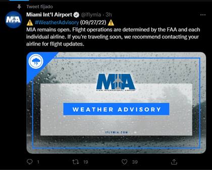 El twit del aeropuerto de Miami por el avance del huracán Ian