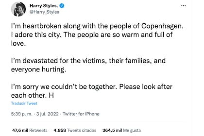 El twitt con el que Harry Styles anunció la cancelación de su concierto