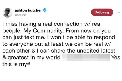 El twitter de Ashton Kutcher con su número de teléfono