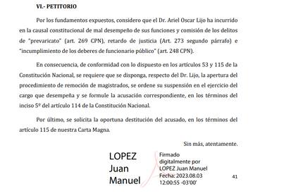 El último apartado del escrito presentado por López