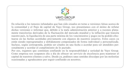 El último comunicado de Vayo Group