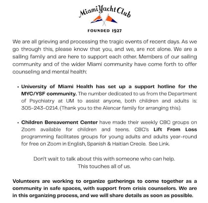 El último comunicado del Miami Yacht Club en Instagram (@miamiyachtclub1927)