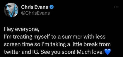 El último mensaje de Chis Evans antes de abandonar las redes sociales