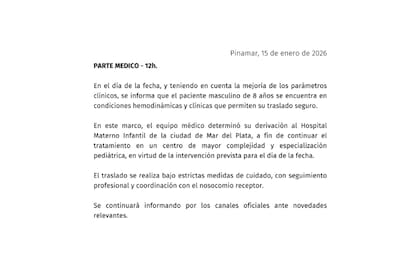 El último parte médico dado a conocer sobre la salud de Bastián, que será trasladado al Materno Infantil de Mar del Plata