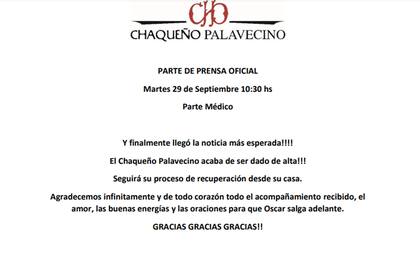 El último parte médico del Chaqueño Palavecino