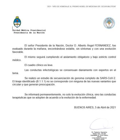 El último parte médico del presidente Alberto Fernández