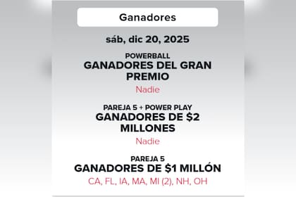 El último sorteo de Powerball, el sábado 20 de diciembre, no obtuvo ningún ganador del premio mayor