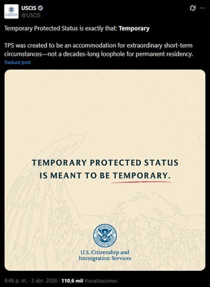 El Uscis aclaró que el TPS es un estatus temporal y no una vía hacia la residencia permanente