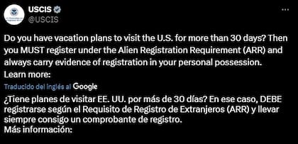 El Uscis advierte a los viajeros sobre el requisito de registro