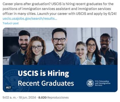 El Uscis anunció dos puestos para recién graduados como asistente y oficial de servicios de inmigración
