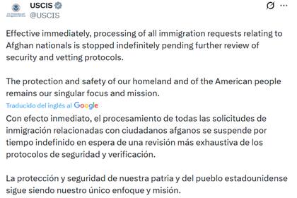 El Uscis anunció la suspensión del procesamiento de las solicitudes de afganos tras el tiroteo en Washington D.C.