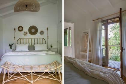 El uso de blanco, madera y fibra consiguen la dosis perfecta de relax y armonía que necesita un dormitorio de verano. Cortinas de gasa, acolchado y almohadones (todo de Mora Lola). Percheros de pino (Emejota Muebles), respaldo de cama modelo ‘Ramiro’ y pie de caña (Lado C Deco)