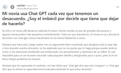 El usuario de Reddit contó como usa la Inteligencia Artificial para resolver problemas con su pareja.