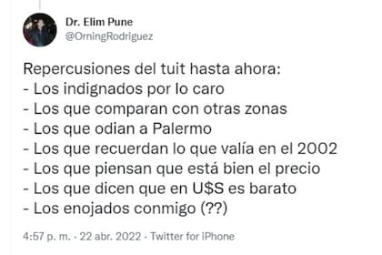 El usuario luego de su primer tuit realizó otro posteo en el que detalló las  repercusiones por haber contado el precio que le cobraron a su hija la infusión.