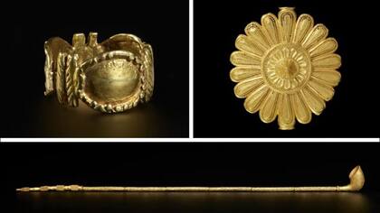 El V&A presta 17 artículos, entre ellos un anillo de oro asante (arriba a la izquierda), una insignia de oro usada por el "lavador de almas" del rey y una pipa ceremonial