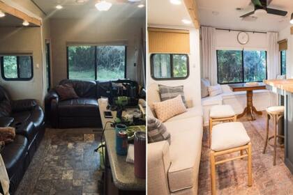 El vehículo tiene una amplia sala de estar y comedor, una cocina con una isla grande y una heladera de tamaño residencial que agregaron