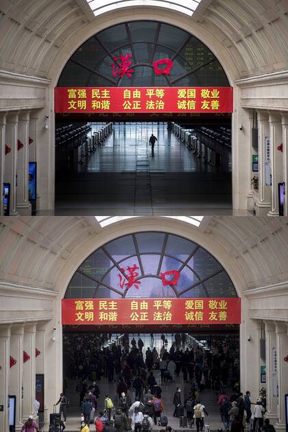 El vestíbulo de la estación de ferrocarriles de Hankou en Wuhan, provincia de Hubei, en el centro de China, el 7 de abril de 2020 (arriba) y el 8 de abril de 2020 (abajo)