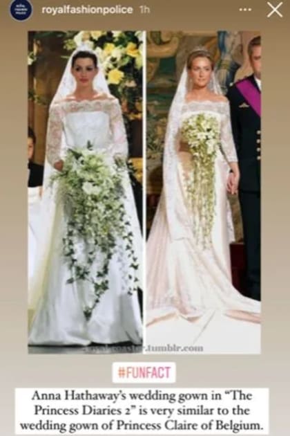 El vestido de la princesa Mía en El diario de la princesa 2 y el vestido que usó la princesa Clara de Bélgica en su boda (Foto: Instagram @royalfashionpolice)