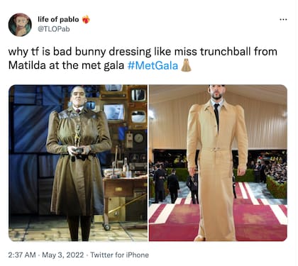 El vestido de mangas y falda larga que usó Bad Bunny fue uno de los principales atractivos de la noche