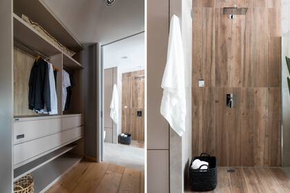 El vestidor desemboca en el baño. Lo primero que se ve, nuevamente la sensación de madera, en el porcelanato ‘Macuna natural’ junto con el modelo ‘Batilo Grey-In’ (ambos de Cerámica San Lorenzo).
