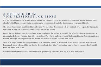 El vicepresidente Joe Biden, dejó un mensaje en la web oficial de su hijo Beau