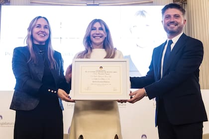 El viernes 12 recibió la distinción en el Salón Dorado de la Legislatura. En la foto la acompañan Clara Muzzio y Sergio Siciliano.