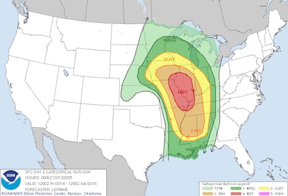 El viernes el riesgo de tormentas severas se concentrará en estados como Missouri, Illinois y Tennessee,