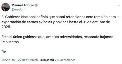 El vocero presidencial Manuel Adorni comunic la decisin a travs de la red social X