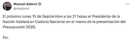 El vocero presidencial, Manuel Adorni, fue el encargado de confirmar la fecha y hora del mensaje