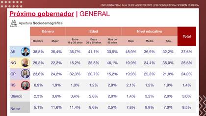 El voto a gobernador bonaerense, dividido según género, edad y nivel educativo