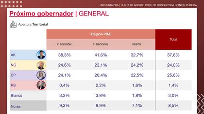El voto a los candidatos a gobernador, según regiones de la provincia de Buenos Aires